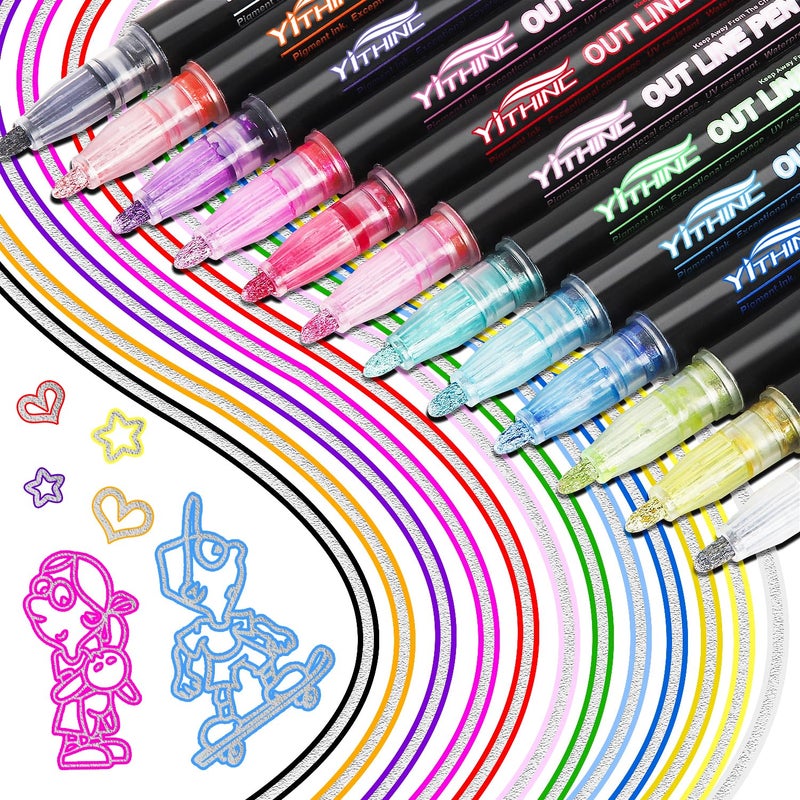 YITHINC Outline Shimmer Markers, Tween Teen Girl Gifts Trendy Stuff, 12 Glitter Metallic Gel Pens Coloring, Arts and Crafts Drawing Supplies Kits Birthday Gift for Kids Girls Ages 4, 6, 8, 10, 12 Year Old - Image 1